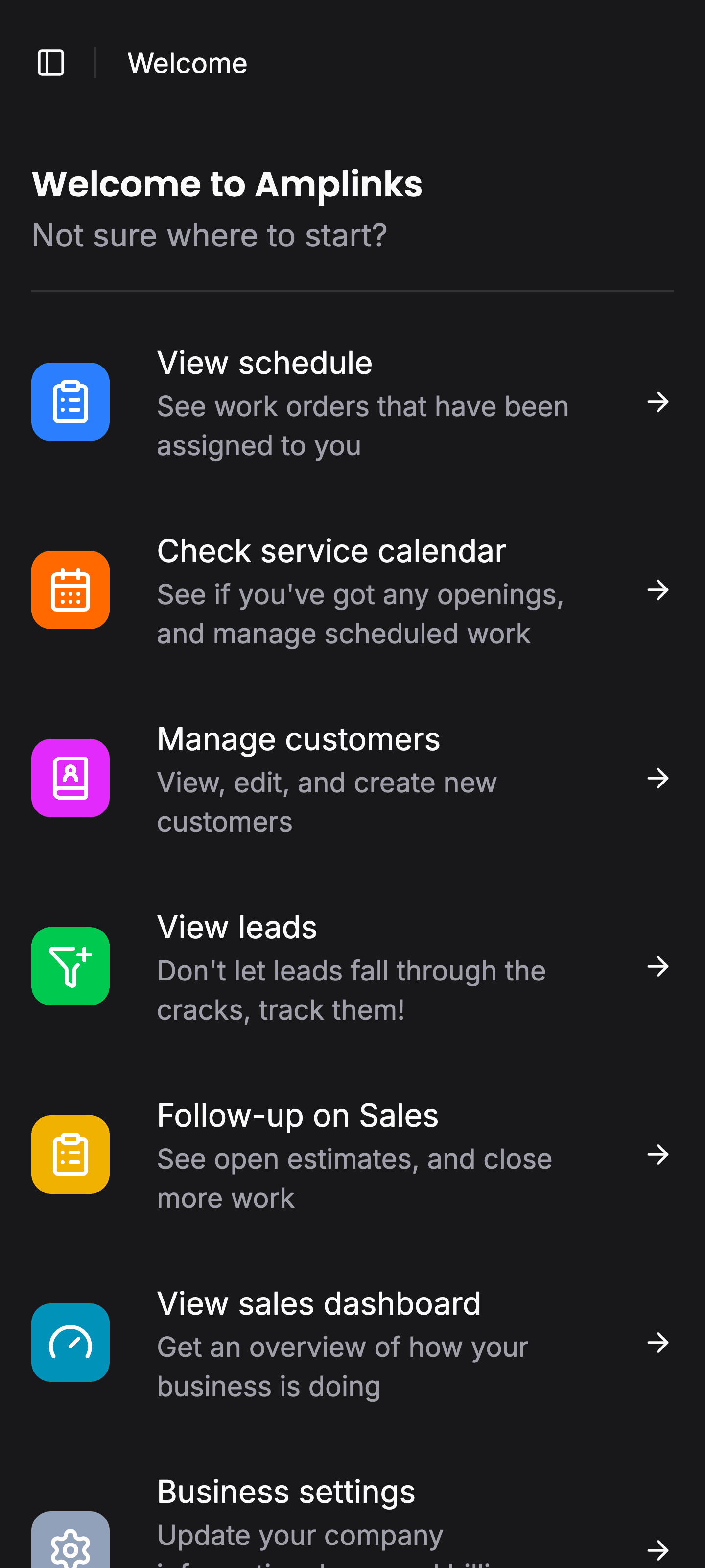 Screenshot of Amplinks mobile dashboard
